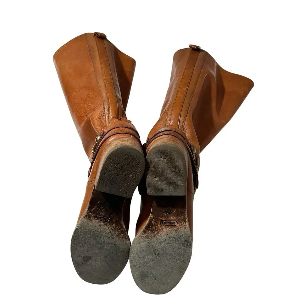 Coach Natale Harness Riding Boots Women 7.5B Cognac Leather Knee High Equestrian